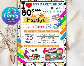 80's Invitation, Editable 80s Birthday Party Invitation, 80's Retro Digital Download, Retro Birthday Party