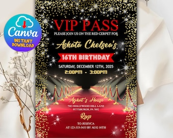 Red Carpet VIP Pass Birthday Invitation, 16th Birthday, Canva Template (Digital Download)