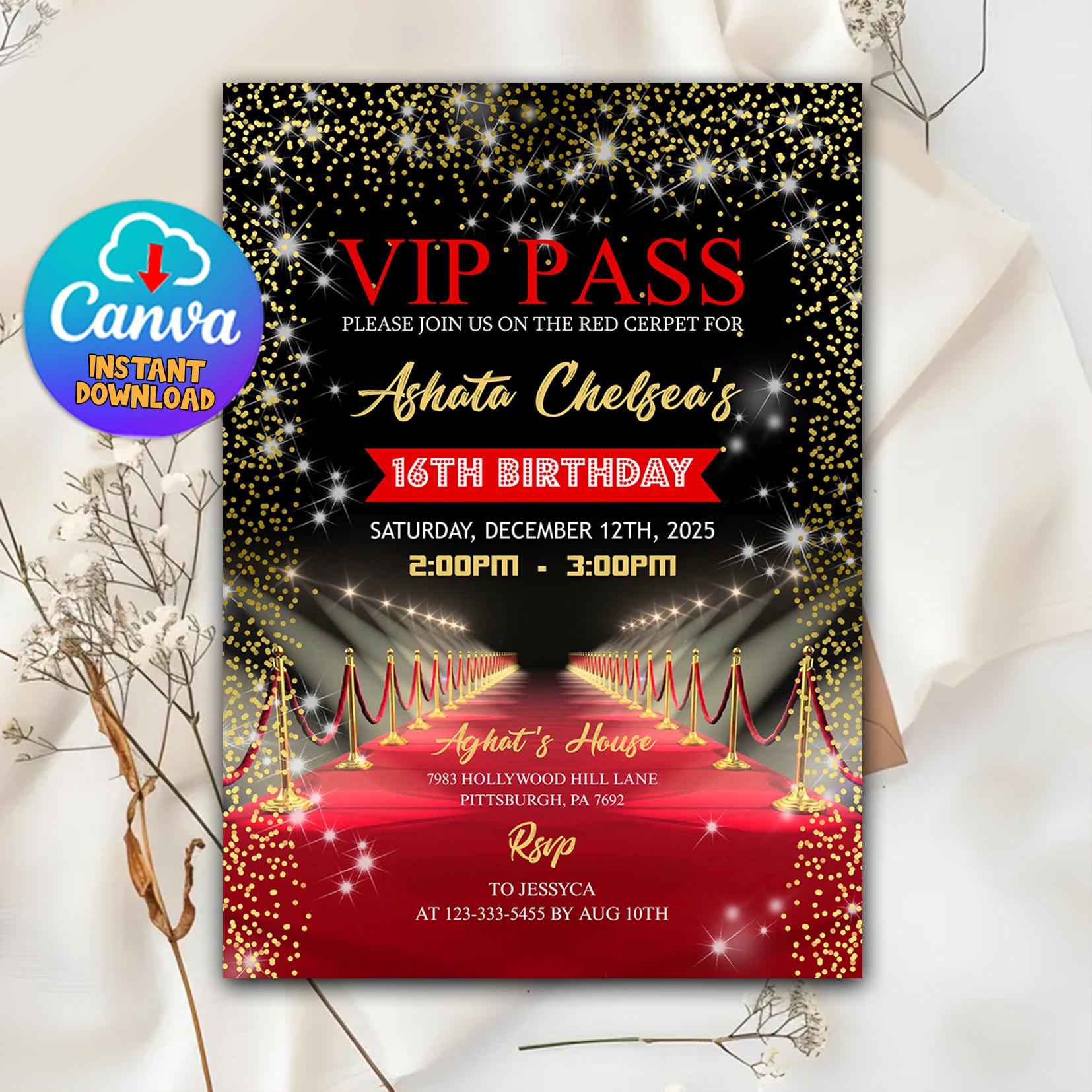 Vip Pass Invites Red Carpet VIP Pass Birthday Invitation, 16th Birthday, Canva Template ...