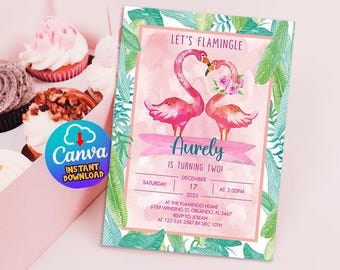 Tropical Flamingo Birthday Invitation, DIY Template (Digital Download)