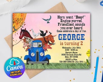 Könnte beinhalten: Eine verspielte Geburtstagseinladung mit einem blauen Truck und Zeichentricktieren. Die Einladung lautet "GEORGE wird 2" mit Veranstaltungsdetails und einem Canva Instant Download Logo.