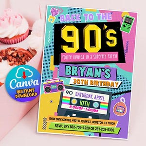 90&#39;s Birthday Invitation, Editable 90s Party Invitation, 90s Party Invite, Retro Birthday Invitation, 90&#39;s Digital Birthday, 90s Retro Party