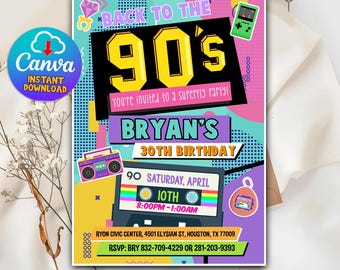 90s Birthday Invitation, Superfly Party, Customizable Template, Instant Download, Canva Editable