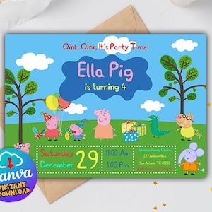 Può includere: Un colorato invito per una festa di compleanno con personaggi dei cartoni animati e la scritta "Ella Pig compie 4 anni". L'invito include data, ora e luogo, con un logo Canva.