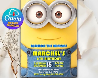 Minions födelsedagsinbjudan, Montera Minions, 6:e, Canva-mall (digital nedladdning)