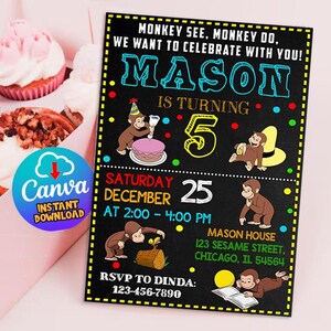 Curious George Invitation, Editable Curious George Birthday Invitation, Curious George Party, Curious George Digital Printable