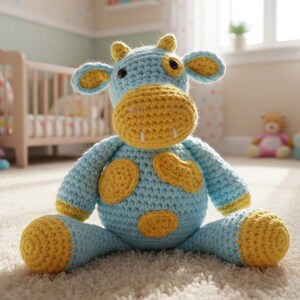 Könnte beinhalten: Ein handgefertigtes Häkeltier in Form einer Kuh in Hellblau und Gelb. Die Kuh hat gelbe Hörner, Ohren und Flecken, mit einer gelben Schnauze und einem blauen Körper. Das Spielzeug sitzt auf einem weißen Teppich.