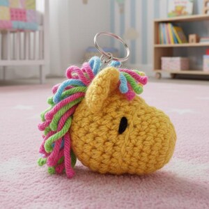 Puede incluir: Un llavero de cabeza de caballo amarillo tejido a ganchillo con un anillo plateado. El caballo tiene una melena colorida de hilo rosa, verde y azul. El llavero está sobre una alfombra rosa.