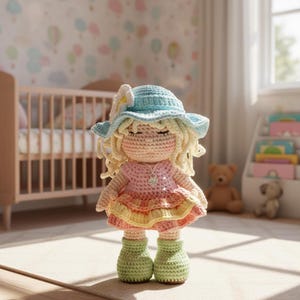 May include: A handmade crochet doll with a light blue hat and blonde curly hair. The doll wears a pink and orange dress and green boots. The doll is standing on a light-colored rug in a nursery setting.