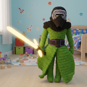 May include: A handmade crochet doll of a character in a green outfit, black cowl, and helmet, holding a yellow lightsaber. The doll has a black belt with a purple stripe. The background is a child's room with space-themed wall decals.