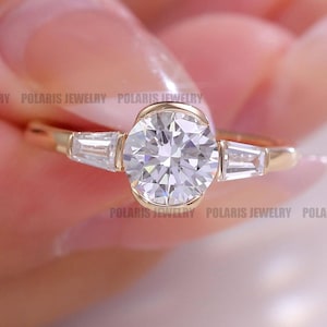 3 Stone Engagement Ring Round and Baguette Moissanite Ring Solid Gold Unique Three Stone Engagement Ring for Her Anniversary Gift for Women