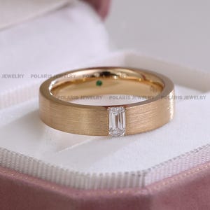 14K Solid Gold Baguette Diamond Wedding Band for Women Minimalist Flat Gold Ring Solo Diamond Unisex Ring Baguette Lab Grown Diamond Ring