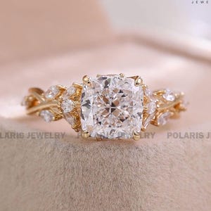 Nature Inspired Engagement Ring Cushion Moissanite Ring Cushion Moissanite Engagement Ring Floral Style Wedding Ring Luxury Proposal Ring
