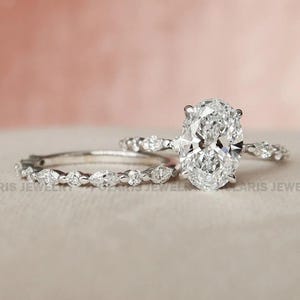 Oval Wedding Ring Set IGI Certified Lab Grown Oval Diamond Ring Set Matching Vintage Marquise Diamond Band Hidden Halo Engagement Ring Set