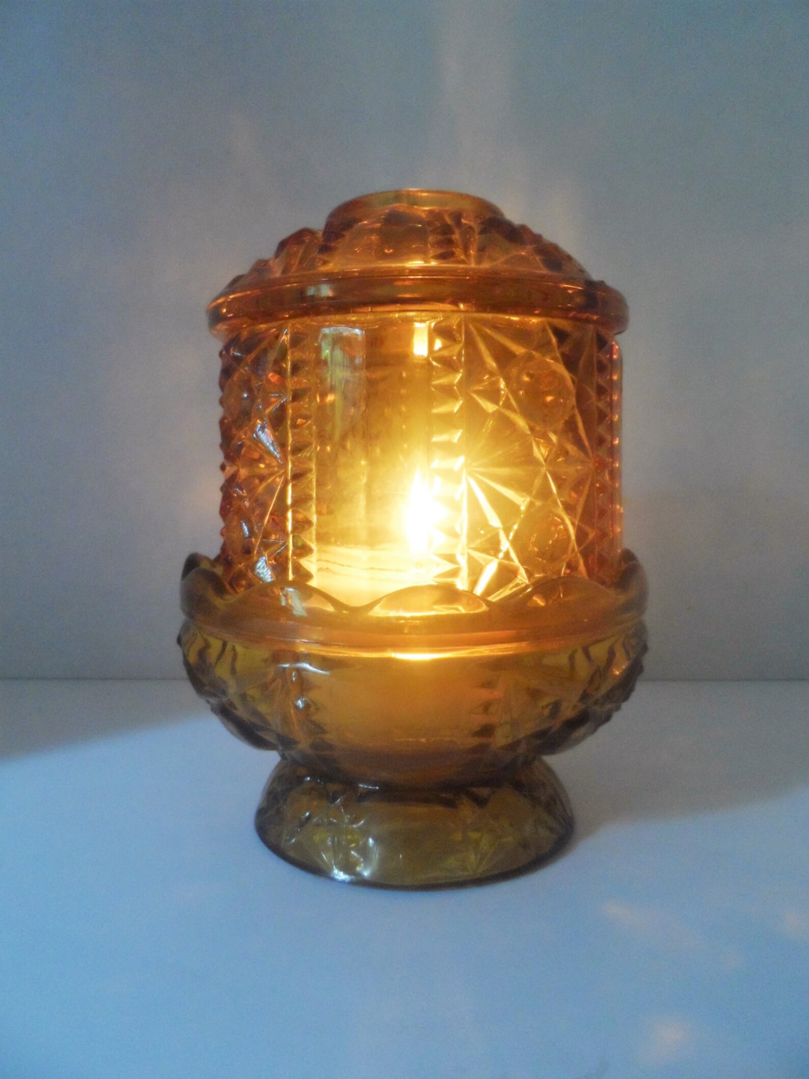 Vintage Amber Glass Candle Holder Fairy Lamp Light Starburst Etsy