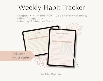 Puede incluir: Dos rastreadores de hábitos digitales en tabletas con un diseño rosa claro y blanco. El texto dice "Weekly Habit Tracker" e incluye "Digital + Printable PDF" y "iPad Compatible". La imagen también indica "includes 4 layout versions".