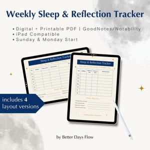 May include: Digital weekly sleep and reflection tracker on two iPads. The tracker includes sections for sleep, wake-up time, hours of sleep, and morning mood. The text reads "Weekly Sleep & Reflection Tracker". Includes 4 layout versions.