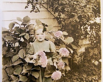 Vintage Tinted Digital  Image of Little Girl with Hydrangea Flowers