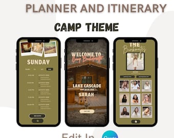 App-Like Camp Bachelorette Itinerary Canva Template Lake Camp Weekend Invitation Cabin Hiking Planner Cabin Girls Weekend Woods Party