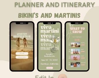 App-Like Bikinis' and Martinis' Bachelorette Itinerary Canva Template City Weekend Invitation Planner Pool Beach Girls Weekend Bach Party