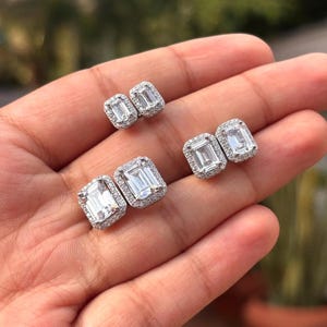 Moissanite Stud Earrings with GRA Certificate, 925 Sterling Silver Pavé Halo Emerald Cut Studs - Pushback, Anniversary Gift for Women & Men