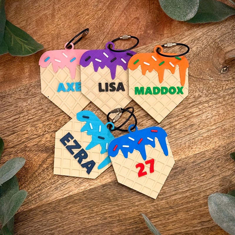 🎁 Baseball Bag Tag – Ice Cream Drip Home Plate – Softball – Personalized Bat or Backpack Tag – Custom Team Colors Available