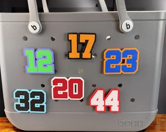 Sports Number Bogg Bag Charms – Bogg Bag Bits – Personalized Player Number Tag – Team Gift – Sports Mom Accessory – Game Day Bag Swag
