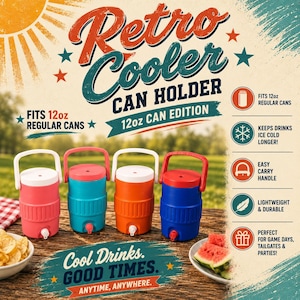 May include: Four colorful Retro Cooler can holders in pink, teal, orange, and blue, each with a white handle and spigot. The image includes text that says "Retro Cooler Can Holder 12oz Can Edition" and "Cool Drinks. Good Times. Anytime, Anywhere."