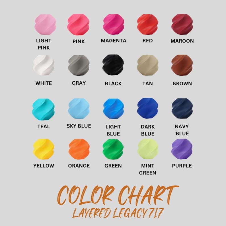 May include: A color chart featuring a variety of colors, including pink, blue, green, and yellow. Each color is displayed with its name. The text "COLOR CHART" and "LAYERED LEGACY 717" are also present.