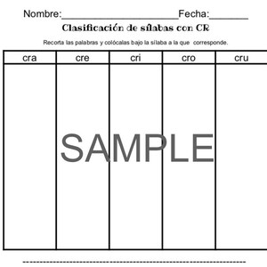 May include: A white worksheet with the title "Clasificación de sílabas con CR" and the word "SAMPLE" in large letters. The worksheet has columns labeled "cra", "cre", "cri", "cro", and "cru", with word cutouts below.