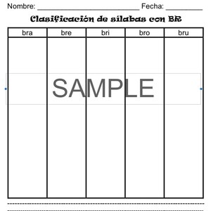 Hoja de trabajo de clasificación de sílabas en español: combinaciones de sílabas BR (Bra, Bre, Bri, Bro, Bru) / Actividad de cortar y pegar / Práctica de fonética en español