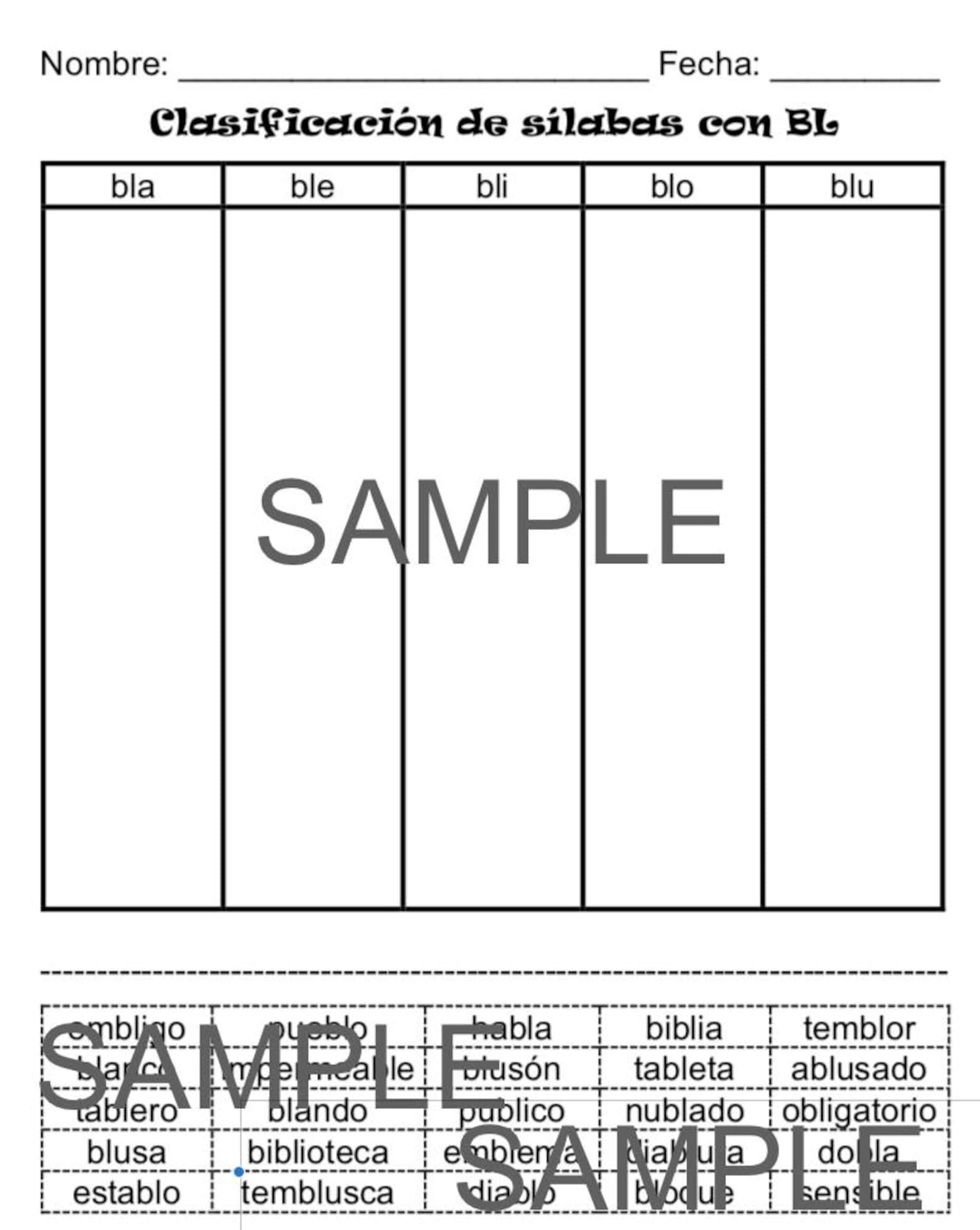 Spanish Syllable Sorting Worksheet – BL Blends (bla, Ble, Bli, Blo, Blu ...