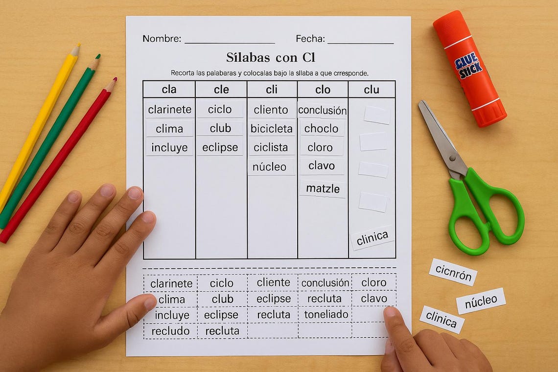 Spanish Syllable Sorting Worksheet – CL Blends (cla, Cle, Cli, Clo, Clu ...