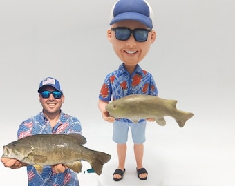 Custom Fishing Bobblehead from Photo – Personalized Fisherman Figurine Gift with Fish, Cap, and Sunglasses for Outdoor Lovers
