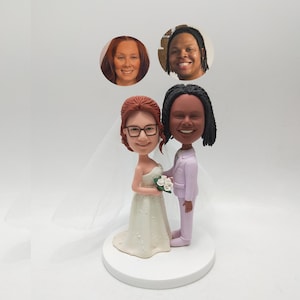 Custom lesbian wedding bobblehead from photo – personalized same-sex couple cake topper or LGBTQ+ bridal gift for anniversary or display
