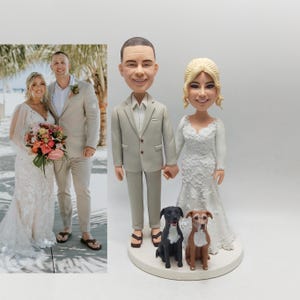Figurine de mariage personnalisée avec des chiens à partir d'une photo - Cadeau personnalisé pour les mariés, les couples, les propriétaires d'animaux de compagnie et les mariages sur la plage