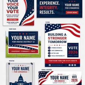 May include: A collection of political campaign Canva templates featuring red, white, and blue color schemes with American flag motifs. The designs include text placeholders for names, slogans like 'Your Voice Your Vote', and 'Building a Stronger Tomorrow', along with icons for social media and campaign goals.