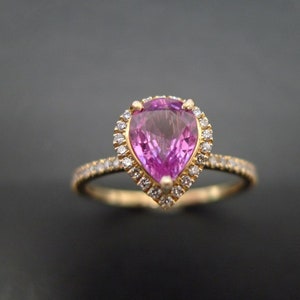 Pear Shaped Engagement Ring in 14K Yellow Gold, Pink Sapphire Engagement Ring
