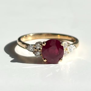 1.20ct Natural Cushion Ruby Engagement Ring 14K Solid Gold, Vivid Red Pigeon Blood Ruby Gemstone Pear Diamond Cluster Women Wedding Band