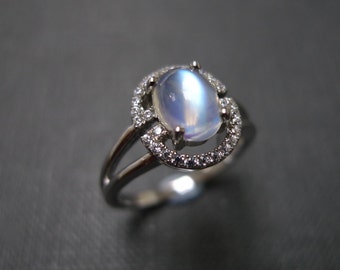 Oval Shape Moonstone and Round Brilliant Cut Diamond Engagement Halo Ring in 14K White Gold