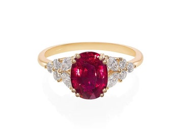 Natural Cushion Pigeon Blood Vivid Red Burma Certificated Ruby and Marquise Cut Diamond Unique Engagement Wedding Ring Band 18K Yellow Gold