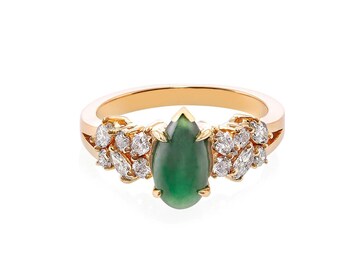 Natural Green Jade and Natural Marquise Diamond and Round Brilliant Cut Diamond Engagement Gold Ring, Minimalist Jewelry Personalized gift