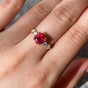 Natural Pigeon Blood Vivid Red Ruby and Round Brilliant Cut Diamond Engagement Wedding Ring Band in 14K Solid Yellow Gold