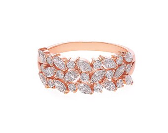 3 Rows Natural Diamond Wedding Ring with Marquise Cut Diamond and Round Brilliant Cut Diamond in Rose Gold Personalized Anniversary Gift