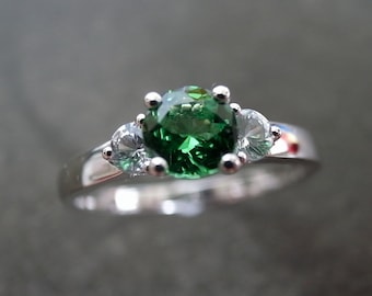 Green Garnet Ring | White Sapphire Ring | Three Stones Ring | Green Engagement Ring in 14K White Gold | Garnet Jewelry | Green Gemstone Ring
