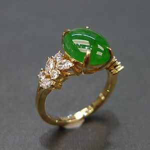 Unique Engagement Ring Green Jade with Diamond, Jade Ring for women, Jade Gold Ring, Marquise Diamond Engagement Ring, Modern Style Designed