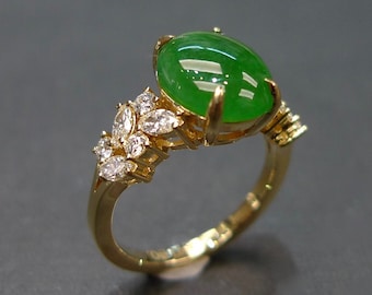 Unique Engagement Ring Green Jade with Diamond, Jade Ring for women, Jade Gold Ring, Marquise Diamond Engagement Ring, Modern Style Designed