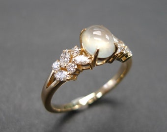 White Jade and Diamond Unique Engagement Ring, Marquise Diamond, Jade Ring for Women, Gift for Women and Girls, Custom Engagement Ring Gold