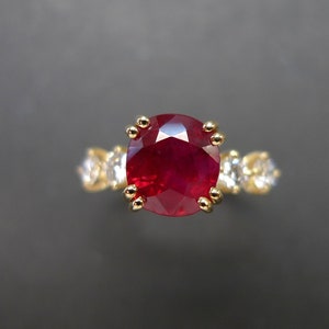 Natural Ruby Ring for Women, Diamond Unique Engagement Ring 14K Yellow Gold, Pigeon Blood Vivid Red Gemstone, Custom Made Minimalist Jewelry
