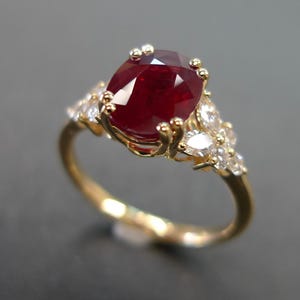 GRS Certified Oval Shape Natural Burmese Ruby with Marquise Diamond and Round Brilliant Cut Diamond Engagement Ring in 18K Yellow Gold